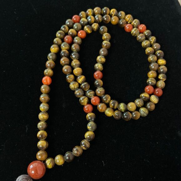 Vintage Tigers Eye and Orange Agate 32 inch Tassel Statement Necklace - Picture 5 of 6